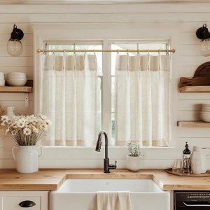 jinchan Linen Pinch Pleated Kitchen Curtains 36 Inch 2 Panels, Natural Linen Tier Curtains Back Tab Beige Farmhouse Cafe, Light Filtering Small Window Drapes for Bathroom Laundry Room Beige