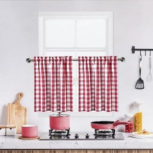 Red and White Tier Kitchen Curtains 36 Inches Long,Burgundy Buffalo Plaid Gingham Rod Pocket Half Window Treatment Set Half Window Cafe Curtains for Kitchen Bathroom, 28" x 36", Red/White, Set of 2