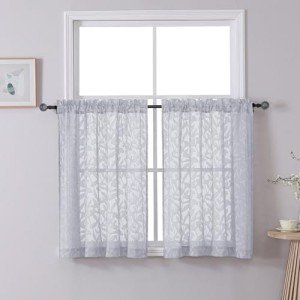 Chyhomenyc Light Grey Cafe Curtains 36 Inch Length, Light Filtering 3D Leaf Tufted Textured Sheer Curtains, Lightweight Rod Pocket Short Kitchen Window Drapes, 42" Wx36 L, 2 Pieces