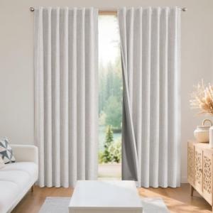 Joydeco 100% Blackout Curtains for Bedroom - Natural Linen Curtains 52" W x 108" L, Thermal Insulated 2 Panels White Light Blocking Drapes, Rod Pocket & Back Tabs, Darkening Privacy for Living Room