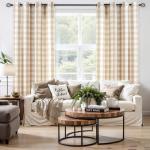 Jubilantex Tan White Buffalo Check Semi Sheer Curtain Panels Gingham Plaid Textured Curtains Drapery,Farmhouse Grommet Window Drapes for Living Room Bedroom Kids Room,2 Panels,Beige,40"x63"