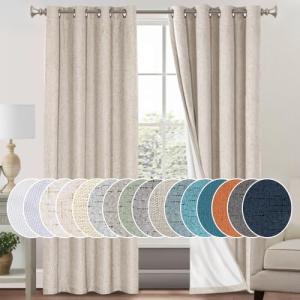 PrinceDeco Natural Linen Curtains 100% Blackout Linen Curtains for Bedroom Full Blackout Curtains 84 Inches Long Living Room Thermal Insulated Light Blocking Curtain Drapes White Backing, 2 Panels
