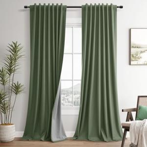 100% Blackout Linen Curtains 84 Inch Length 2 Panels Set Olive Green Luxury for Bedroom Windows Living Room Darkening Dark Green Thermal Insulated Drapes Nursery 7ft Long Back Tab Pleated Pocket