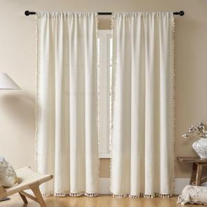 Joydeco Beige Boho Curtains 84 Inch Length 2 Panels, Super Soft Bohemian Farmhouse Curtains with Tassels, Semi Sheer Light Filtering Drapes for Bedroom Living Room (Rod Pocket, 52Wx84L)