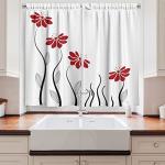 Ambesonne Flower Kitchen Curtains, Floral Petals with Striped Leaves and Lines Modern Style Geometrical Design Print, Window Drapes 2 Panel Set for Kitchen Cafe Decor, 55" X 39", Red Black