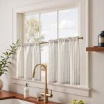 jinchan Linen Kitchen Curtains 24 Inch Length Striped Tier Curtains Ticking Stripe Small Drapes for Living Room Bathroom Cafe Small Window Farmhouse Rustic Pinstripe Rod Pocket 2 Panels Taupe