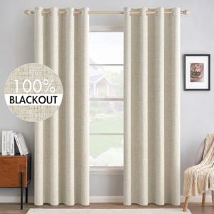MIULEE 100% Blackout Linen Textured Curtains for Bedroom Solid Thermal Insulated Cream Grommet Room Darkening Curtains & Drapes Luxury Decor for Living Room Nursery 52 x 84 Inch (2 Panels)