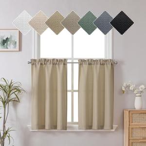 Chyhomenyc 2 Panels Camel Kitchen Curtains 36 Inch Length Tier Curtains, Faux Linen Textured Small Cafe Curtains, Light Filtering Short Window Curtains for Bathroom Basement, Each 30x36 inch
