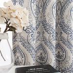 jinchan Curtains for Bedroom, Room Darkening Curtains 84 Inch Length 2 Panels Set, Linen Textured Medallion Drapes for Living Room, Vintage Damask Pattern Window Treatments, Blue on Greige