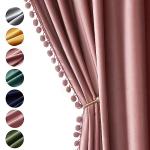 MIULEE Dry Rose Pink Pom Pom Velvet Curtains for Bedroom/Living Room Darkening Thermal Insulating 84 Inches Long Blackout Curtains with Rod Pocket for Girls Room/Nursery/Home Theater Set of 2