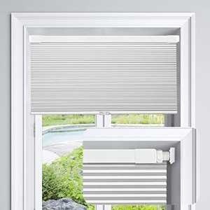 LazBlinds Cordless Cellular Shades, No Tools No Drill Blackout Honeycomb Shades Pleated Blinds for Windows, 34" W x 64" H, Silver White