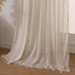 WAZZIO Boho Curtains for Living Room Lace Curtains 84 Inches Long 2 Panel, Rod Pocket Vintage Tassel Bohemian Decor Geometry Striped Light Filtering Crochet Semi Sheer Curtain Drapes for Bedroom,Beige