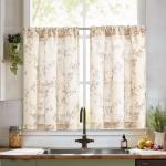 jinchan Floral Kitchen Curtains 36 Inch Linen Tier Curtains Farmhouse Cafe Half Window Drapes Over Sink Light Filtering for Living Room Laundry RV Rod Pocket 2 Panels Taupe on Beige
