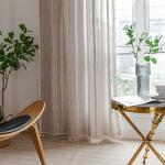 Linen Curtains 84 Inches Long - Embroidery Striped Farmhouse for Living Room, Tassel Boho for Bedroom, Light Filtering 2 Panels Set Rod Pocket Drapes (52" W x 84" L, Khaki)