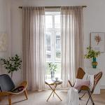 Linen Curtains 84 Inches Long - Embroidery Striped Farmhouse for Living Room, Tassel Boho for Bedroom, Light Filtering 2 Panels Set Rod Pocket Drapes (52" W x 84" L, Khaki)