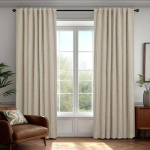 Deconovo Faux Linen 100% Blackout Curtains with Hidden Tabs & Pleat Tape, Tiebacks Included, Thermal Insulated Noise-Reducing Drapes for Bedroom & Living Room, Dark Beige, 50W x 84L, 2 Panels