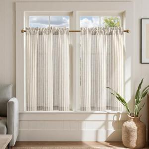 jinchan Linen Kitchen Curtains 36 Inch Length Striped Tier Curtains Ticking Stripe Small Drapes for Living Room Bathroom Cafe Small Window Farmhouse Rustic Pinstripe Rod Pocket 2 Panels Taupe Grey