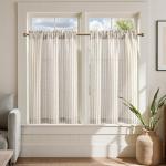 jinchan Linen Kitchen Curtains 36 Inch Length Striped Tier Curtains Ticking Stripe Small Drapes for Living Room Bathroom Cafe Small Window Farmhouse Rustic Pinstripe Rod Pocket 2 Panels Taupe Grey