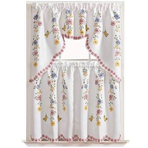 GOHD 3pcs Farmhouse Kitchen Cafe Curtain Set Air Brushed by Hand of Flowers and Butterfly Design on Thick Satin Fabric (Daisy Swing)