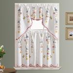 GOHD 3pcs Farmhouse Kitchen Cafe Curtain Set Air Brushed by Hand of Flowers and Butterfly Design on Thick Satin Fabric (Daisy Swing)