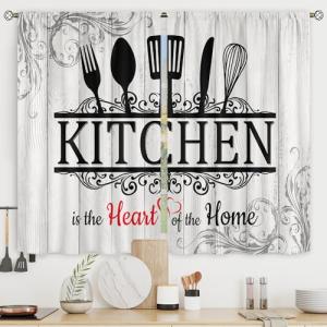 Riyidecor Rustic Black White Kitchen Curtains Short Small Funny Quotes Farmhouse Wooden Plank Wood Knife and Spoon Rod Pocket Country Farm Bedroom Living Room Treatment Fabric 2 Panels 27.5Wx39H Inch