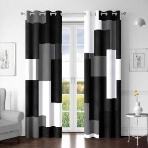 Tyrot Black Grey 100% Blackout Curtains for Bedroom 84 inch Long 2 Panels Set White Gray Modern Abstract Geometric Black Out Curtains Insulated Room Darkening Window Drapes for Living Room, 52Wx84L