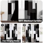 Tyrot Black Grey 100% Blackout Curtains for Bedroom 84 inch Long 2 Panels Set White Gray Modern Abstract Geometric Black Out Curtains Insulated Room Darkening Window Drapes for Living Room, 52Wx84L