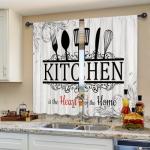 Riyidecor Rustic Black White Kitchen Curtains Short Small Funny Quotes Farmhouse Wooden Plank Wood Knife and Spoon Rod Pocket Country Farm Bedroom Living Room Treatment Fabric 2 Panels 27.5Wx39H Inch