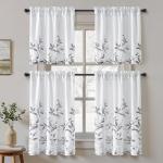 HOMEIDEAS Kitchen Curtains, Short Non-See-Through Privacy 30X36 Inch Length Tier Curtains, Grey and White Leaf Floral Printed Light Filtering Semi Sheer Small Window Drapes for Bathroom Cafe, 2 Panels