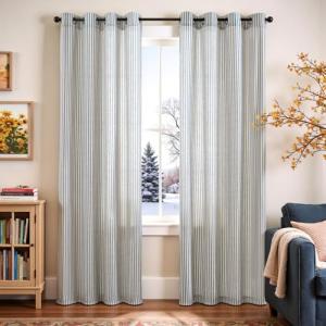 Vangao Linen Blend Stripe Curtains Tickingstripe Light Filtering Window Curtains Blue Pinstripe Printed on Beige Drapes 84 Inches Long for Living Room Bedroom Grommet Top 2 Panels