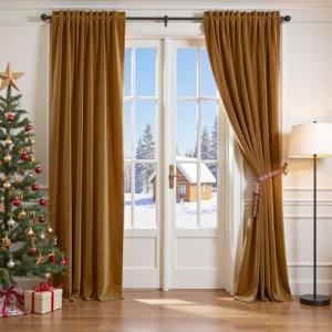 Lazzzy Gold Velvet Curtains Blackout Curtain Thermal Insulated Curtains for Bedroom Living Room Darkening Super Soft Luxury Drapes Sondproof Privacy Set of 2 Panels 52 by 90 Inch Gold Brown