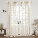 Beige Sheer Curtains 84 Inches Long for Living Room Rod Pocket Back Tab Sand Taupe Tan Semi Sheer Curtain Geometric Embroidered Tuft Pom Textured Drapes Earth Tone Farmhouse Rustic Bedroom Nursery