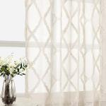 Beige Sheer Curtains 84 Inches Long for Living Room Rod Pocket Back Tab Sand Taupe Tan Semi Sheer Curtain Geometric Embroidered Tuft Pom Textured Drapes Earth Tone Farmhouse Rustic Bedroom Nursery