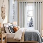 Vangao Linen Blend Stripe Curtains Tickingstripe Light Filtering Window Curtains Blue Pinstripe Printed on Beige Drapes 84 Inches Long for Living Room Bedroom Grommet Top 2 Panels