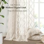 Beige Sheer Curtains 84 Inches Long for Living Room Rod Pocket Back Tab Sand Taupe Tan Semi Sheer Curtain Geometric Embroidered Tuft Pom Textured Drapes Earth Tone Farmhouse Rustic Bedroom Nursery