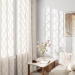 Beige Sheer Curtains 84 Inches Long for Living Room Rod Pocket Back Tab Sand Taupe Tan Semi Sheer Curtain Geometric Embroidered Tuft Pom Textured Drapes Earth Tone Farmhouse Rustic Bedroom Nursery