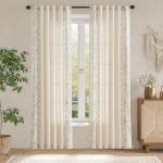 jinchan Winslow Linen Curtains for Bedroom 84 Inches Length Embroidered Bordered Floral Curtains for Living Room Farmhouse Decor Light Filtering Window Treatments Sage on Beige Drapes 2 Panels