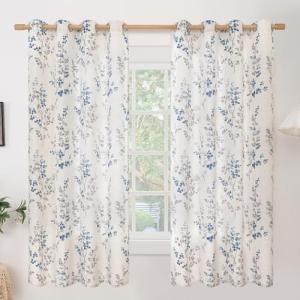 BGment Linen Curtains for Bedroom 63 Inch Length 2 Panels Set Floral Leaf Patterns, Light Filtering Window Privacy Curtains for Living Room Boho Farmhouse Vintage, Each 52 Inch Wide, Navy