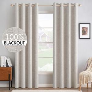 MIULEE 100% Blackout Linen Textured Curtains for Bedroom Solid Thermal Insulated Ivory Grommet Room Darkening Curtains & Drapes Luxury Decor for Living Room Nursery 52 x 84 Inch (2 Panels)