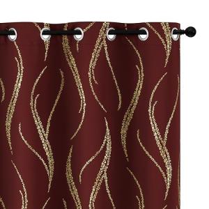 Yakamok Blackout Curtains 84 inch Length Living Room Thermal Insulated Gold Wave Line Dots Pattern Curtains Room Darkening Grommet Curtains for Bedroom, Burgundy, W52 x L84-inch, 2 Panels