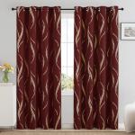 Yakamok Blackout Curtains 84 inch Length Living Room Thermal Insulated Gold Wave Line Dots Pattern Curtains Room Darkening Grommet Curtains for Bedroom, Burgundy, W52 x L84-inch, 2 Panels