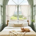 jinchan Small Window Curtains 45 Inch Length Linen Cafe Curtains for Kitchen Bathroom Bordered Floral Embroidered Short Drapes Rustic Farmhouse Light Filtering Curtain Set 2 Panels Green on Beige