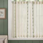 jinchan Small Window Curtains 45 Inch Length Linen Cafe Curtains for Kitchen Bathroom Bordered Floral Embroidered Short Drapes Rustic Farmhouse Light Filtering Curtain Set 2 Panels Green on Beige