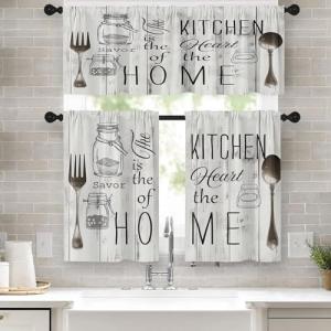 Emvency 36 Inch Kitchen Curtains White Farmhouse Rustic Window Curtains and Valances Set of 3, Vintage Fork Spoon Barn Country Wooden Wood Short Tier Curtain, Vintage Small Kitchen Decor