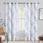 FMFUNCTEX Linen Semi Sheer Curtains for Bedroom, Blue White Curtains 84 Inches Long for Living Room, Grey Tree Branch Patterned Curtain Light Filtering Farmhouse Window Drapes, Grommet Top 2 Panels