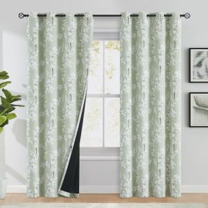 FMFUNCTEX 100% Blackout Floral Curtains for Bedroom, Sage Green Curtains 84 inches Long Blossom Patterned for Living Room, Thermal Insulated Farmhouse Drapes, Grommet Top 2 Panels (White on Green)