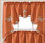 GOHD Cutwork Floral. Kitchen Curtain Set. Swag Valance and Tier Set. Nice Embroidery on Faux Silk Fabric with cutworks. (Rust)