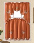 GOHD Cutwork Floral. Kitchen Curtain Set. Swag Valance and Tier Set. Nice Embroidery on Faux Silk Fabric with cutworks. (Rust)