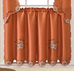 GOHD Cutwork Floral. Kitchen Curtain Set. Swag Valance and Tier Set. Nice Embroidery on Faux Silk Fabric with cutworks. (Rust)