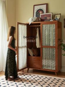 A57 French retro solid wood wardrobe double door gauze curtain glass cabinet bedroom home storage large wardrobe